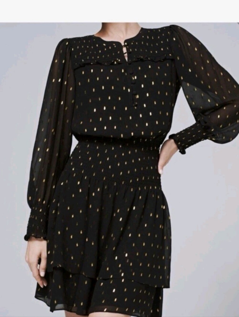 White House Black Market Chiffon Black Gold Polka Dot Smocked Mini dress sz MP